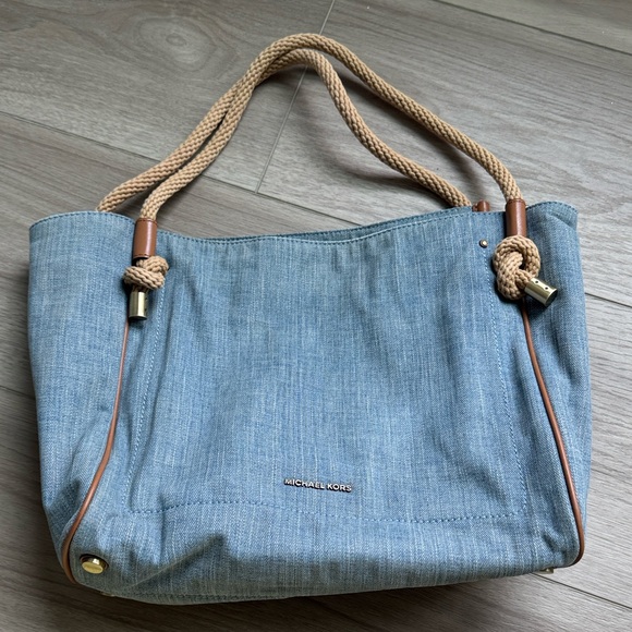 Michael Kors Denim Blue and Tan Tote - Picture 1 of 6